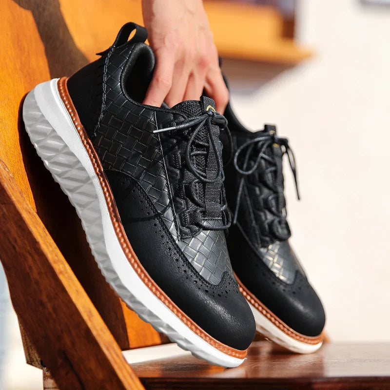 Textured lace-up sneakers with rounded toe and contrast sole trim