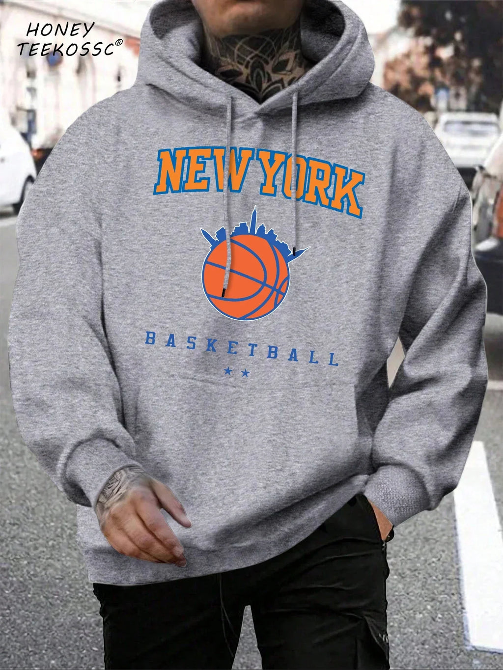 Men's long-sleeve graphic hoodie with drawstring hood and kangaroo pocket