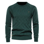 Men's argyle knit crew neck sweater with long sleeves and ribbed trims