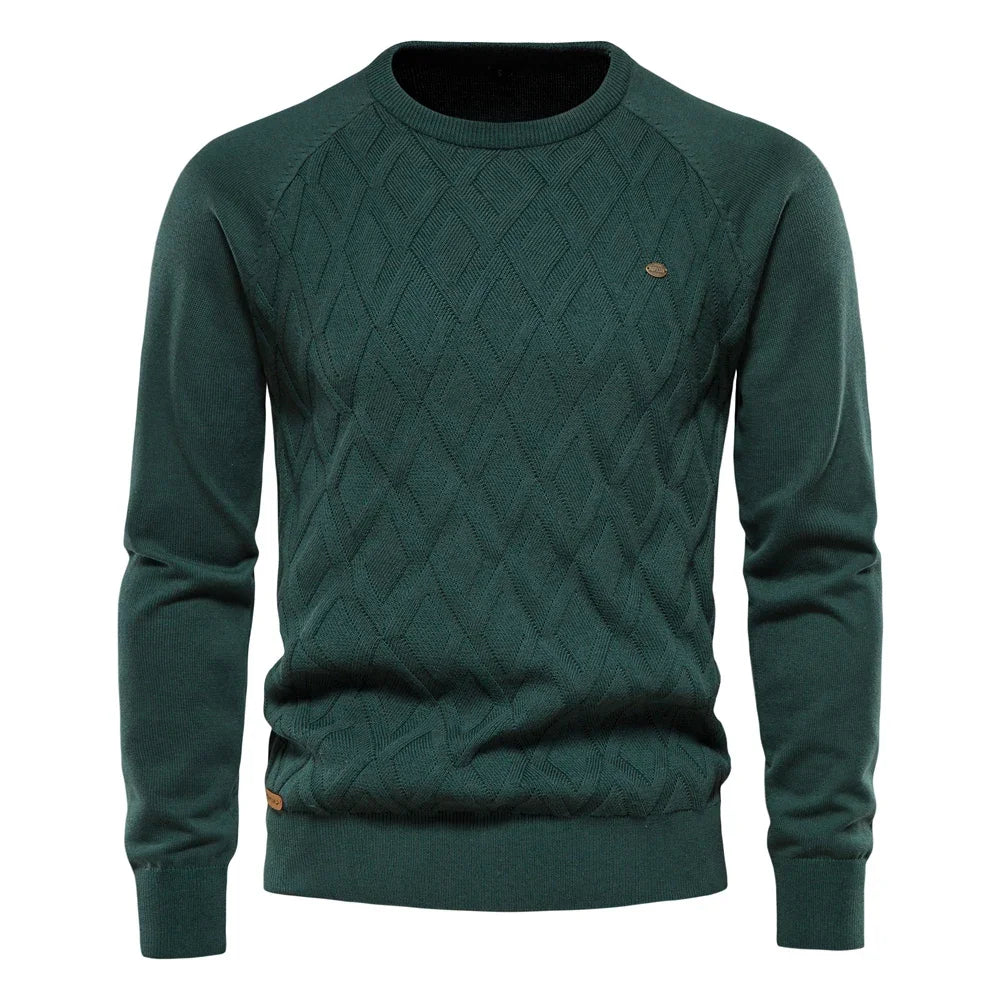Men's argyle knit crew neck sweater with long sleeves and ribbed trims