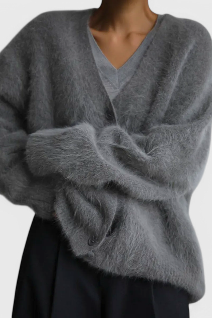 Women's relaxed fuzzy knit V-neck cardigan with buttons
