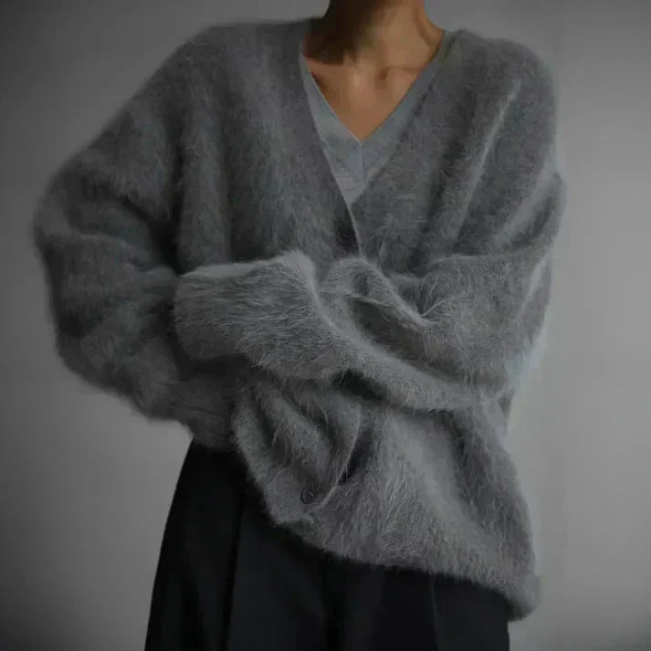 Women's fluffy V-neck button-front cardigan with long sleeves and patch pockets