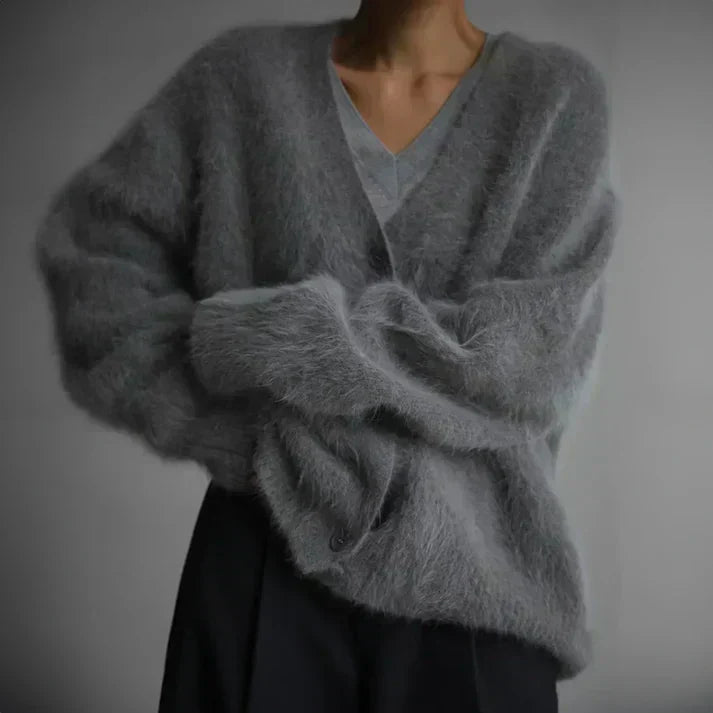 Women's oversized fuzzy V-neck cardigan with long sleeves and button front
