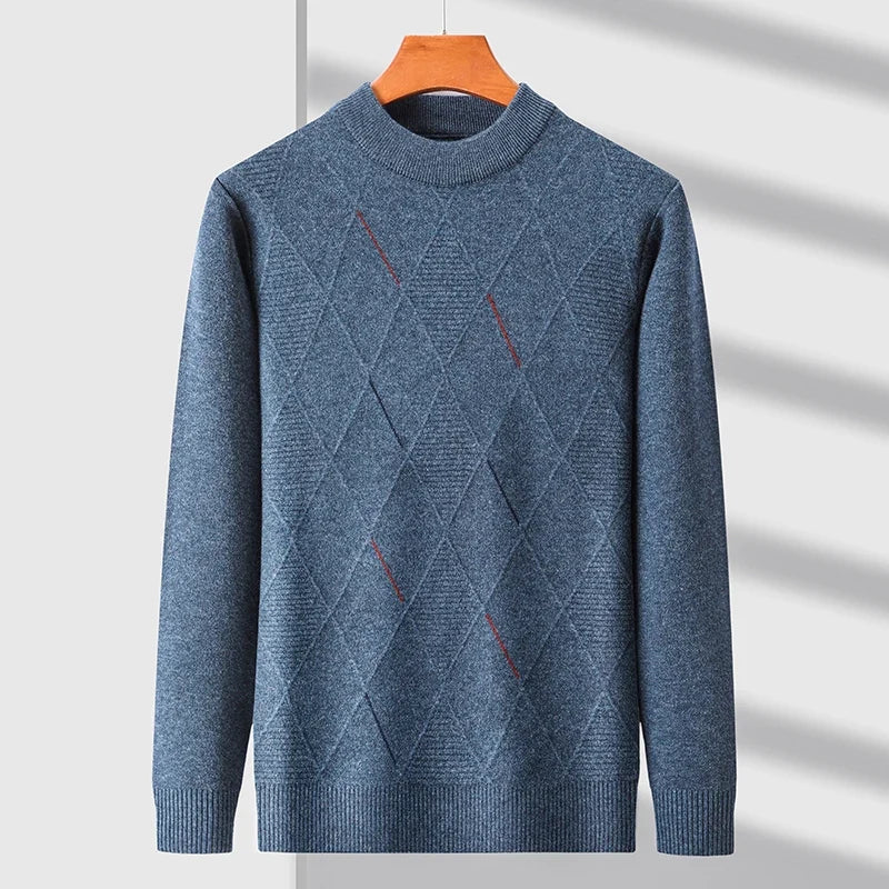 Men's geometric argyle crew neck sweater with long sleeves and ribbed trims