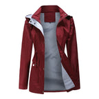 Women's hooded long-sleeved trench coat with zip front and pockets