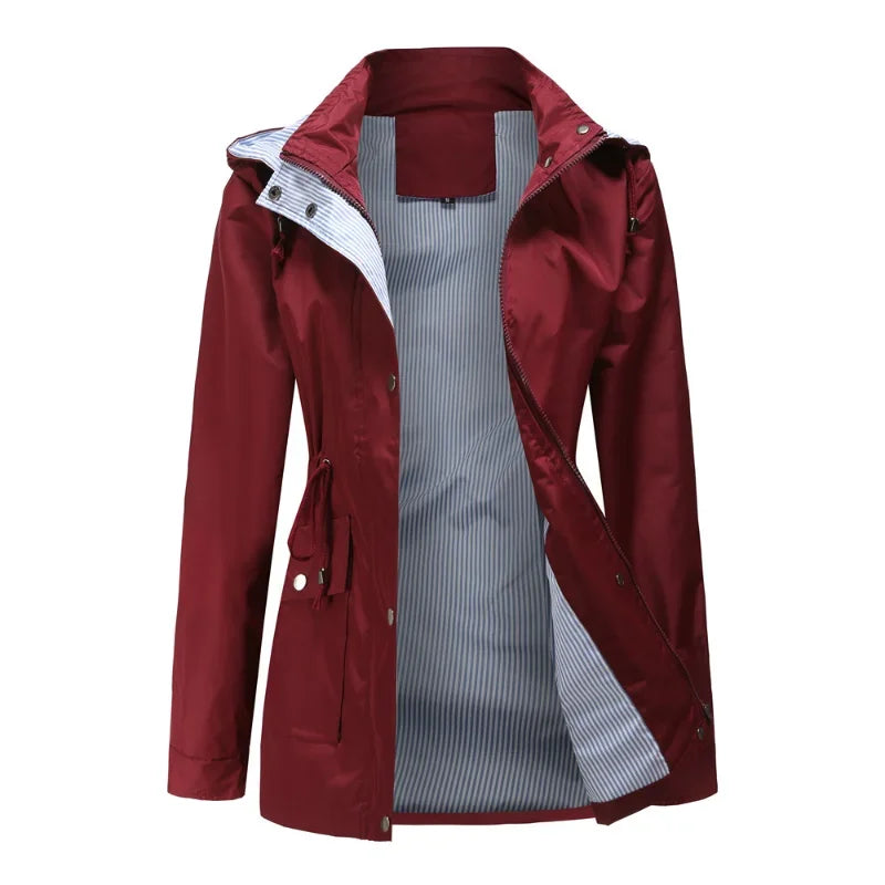 Women's hooded long-sleeved trench coat with zip front and pockets