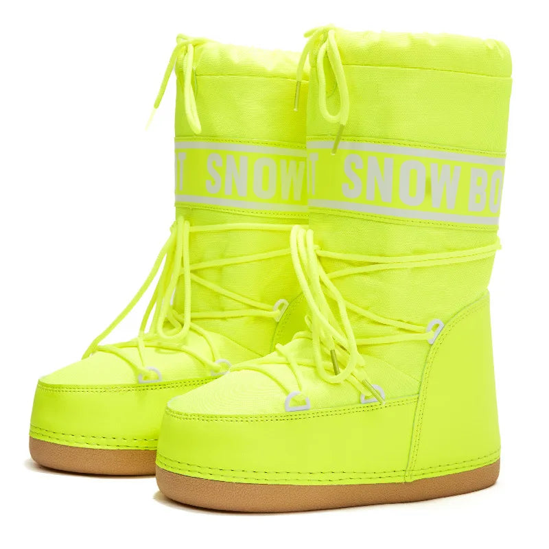 Women's tall lace-up snow boots with platform sole and drawstring top