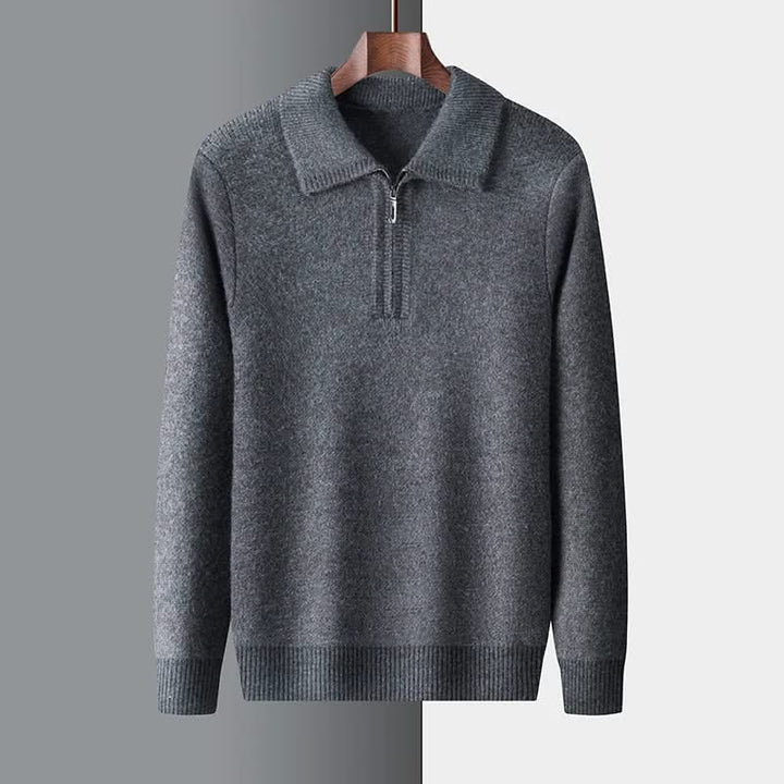 Men's plain quarter zip sweater with knitted collar and ribbed trims