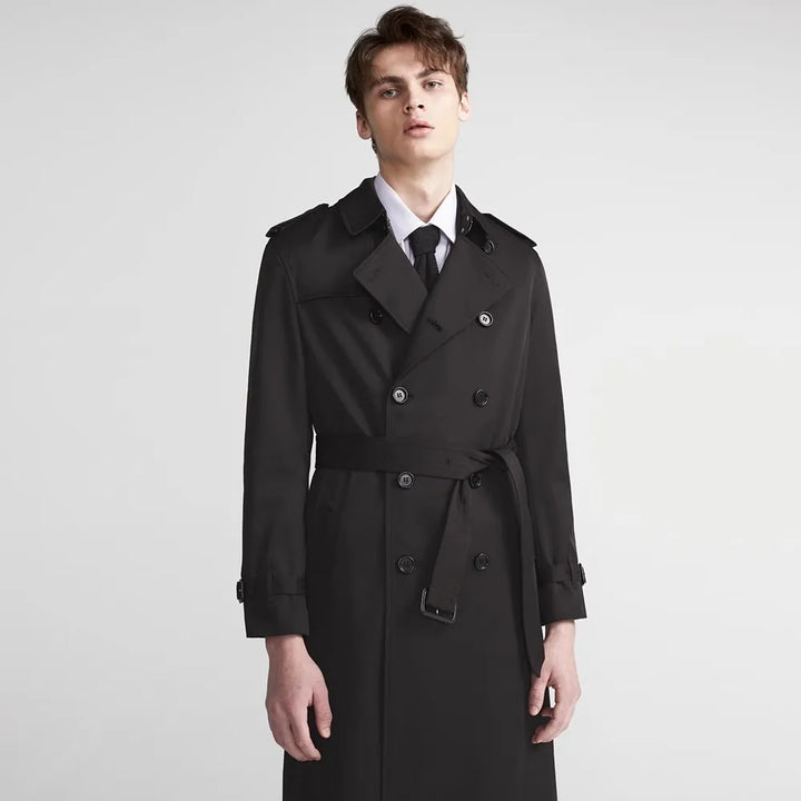 Men's long belted double-breasted trench coat