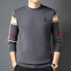 Men's crew neck sweater with striped long sleeves and ribbed trims