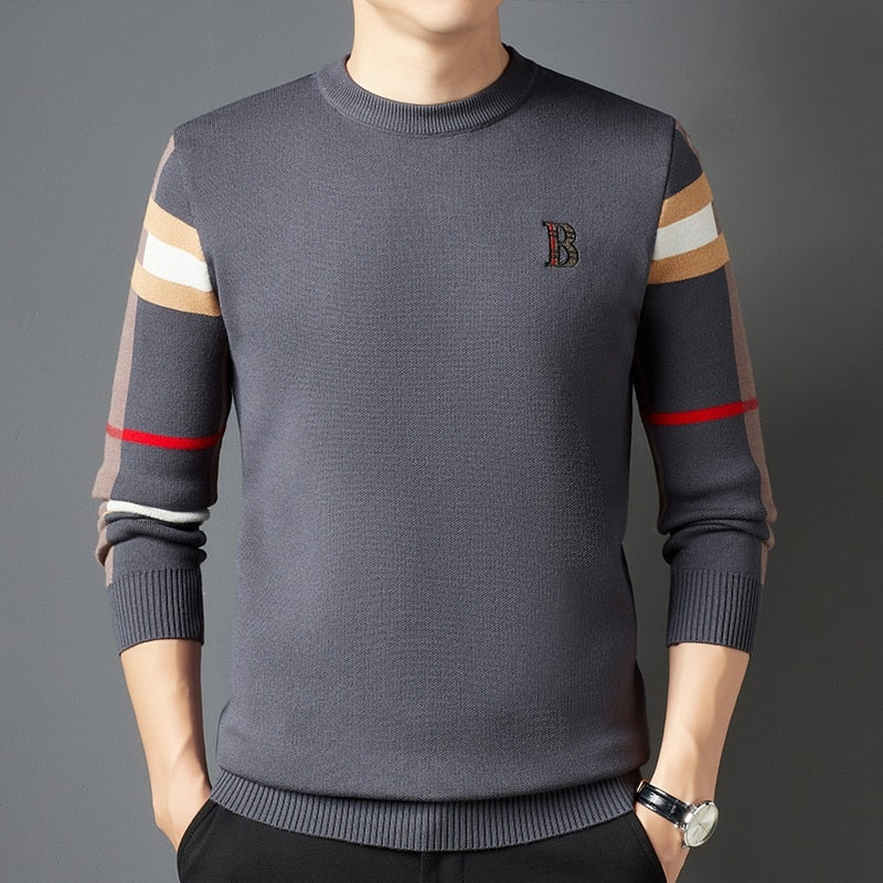 Men's crew neck sweater with striped long sleeves and ribbed trims