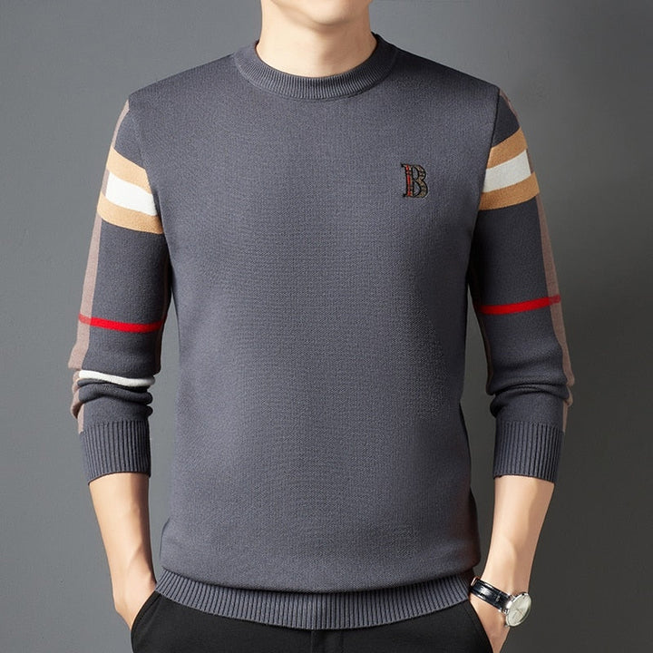Men's crew neck sweater with striped long sleeves and ribbed trims