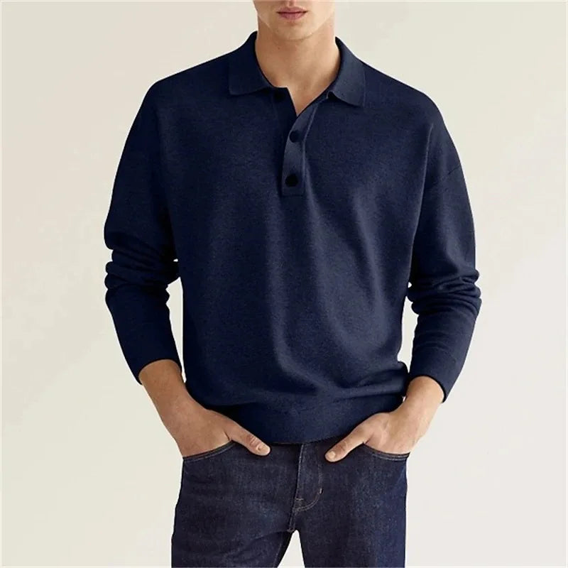 Men's long sleeve knitted polo shirt with collared neckline and button placket