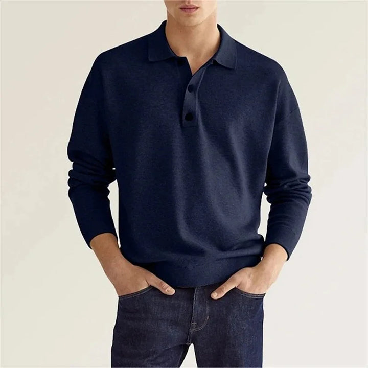 Men's long sleeve knitted polo shirt with collared neckline and button placket