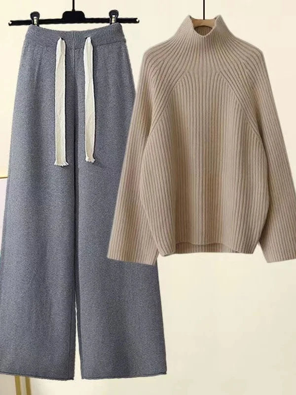 Women's ribbed knit set with turtleneck sweater and wide-leg trousers