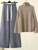 Women's ribbed knit set with turtleneck sweater and wide-leg trousers