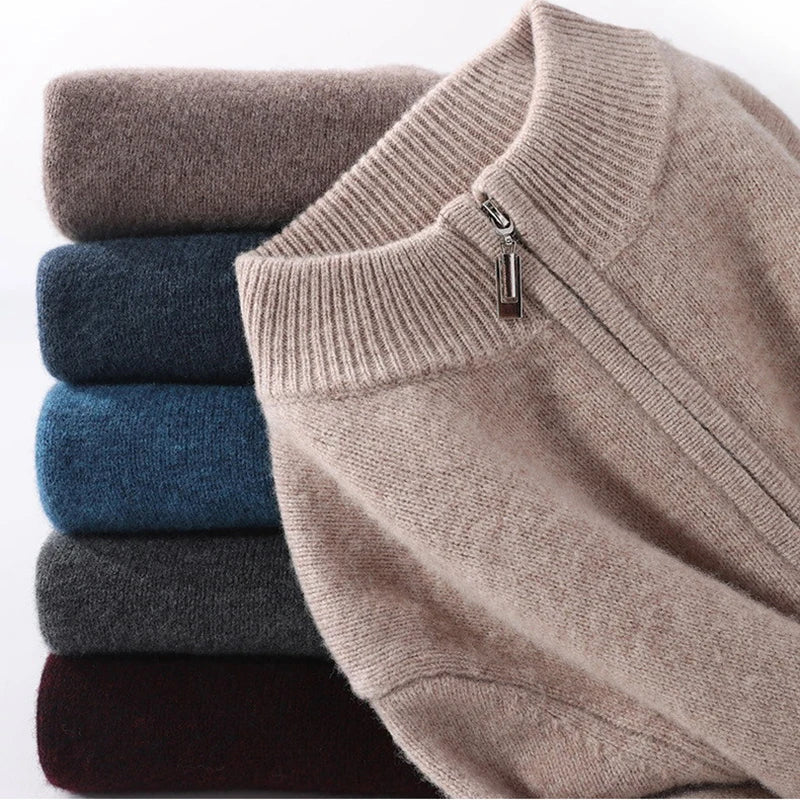 Men's half-zip mock neck jumper with long sleeves and ribbed trims