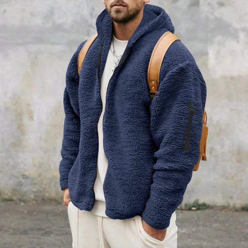 Men's textured hooded zip jacket with long sleeves and sleeve pocket