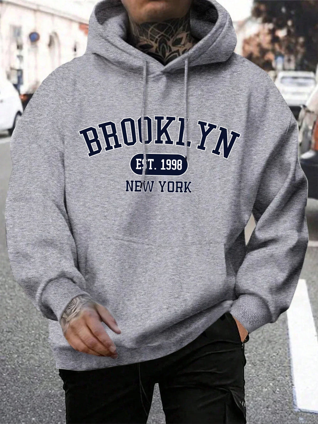 Men's long-sleeve graphic hoodie with drawstring hood and kangaroo pocket
