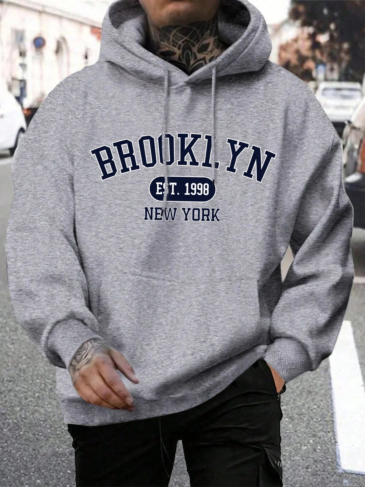 Men's long-sleeve graphic hoodie with drawstring hood and kangaroo pocket