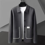 Men's collared cardigan with button front, long sleeves and contrast-trimmed patch pockets