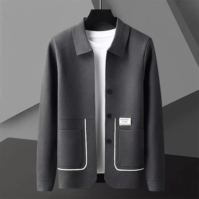 Men's collared cardigan with button front, long sleeves and contrast-trimmed patch pockets