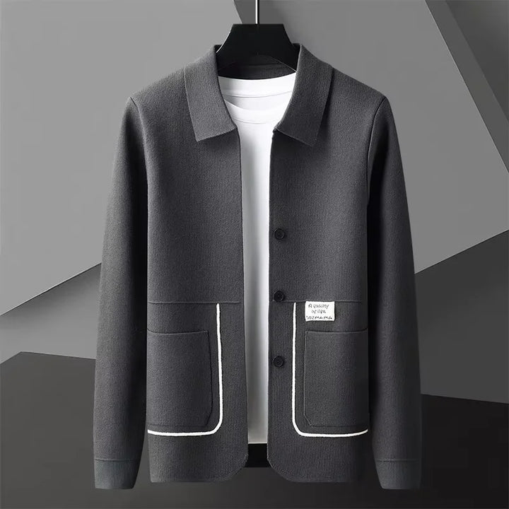 Men's collared cardigan with button front, long sleeves and contrast-trimmed patch pockets