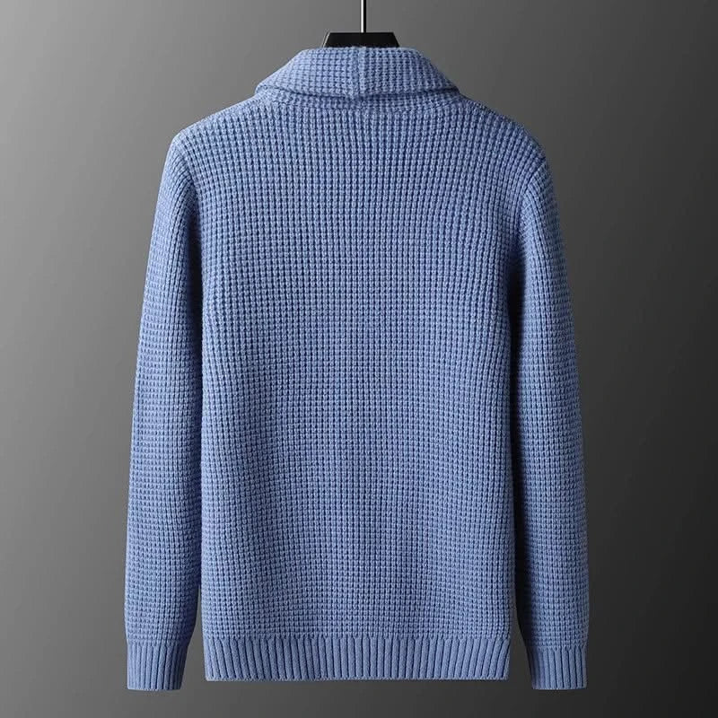Textured knitted cardigan with shawl collar, buttons and patch pockets