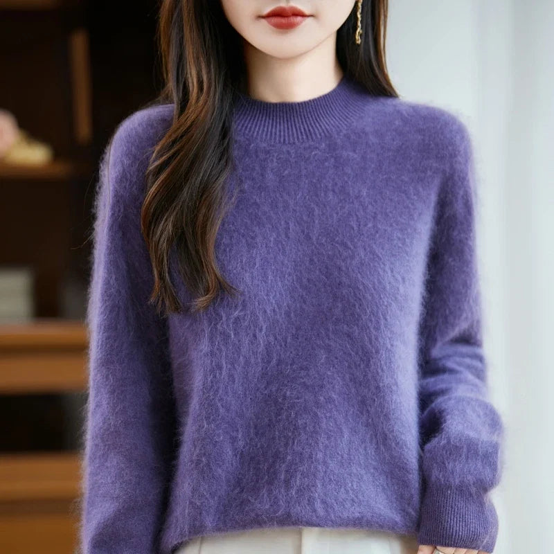 Women's fuzzy crew neck sweater with long sleeves