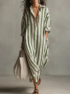 Women's long striped shirt dress with collar and rolled sleeves