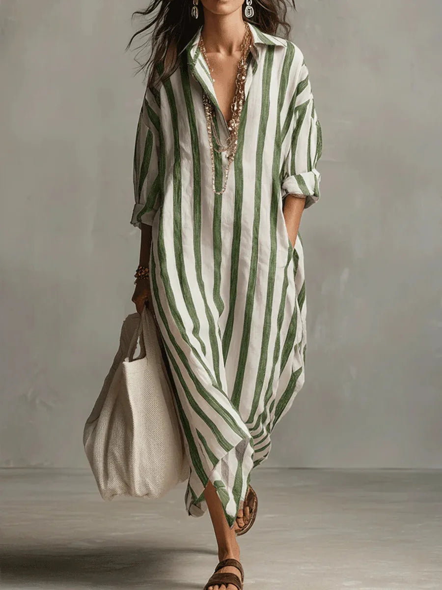 Women's long striped shirt dress with collar and rolled sleeves