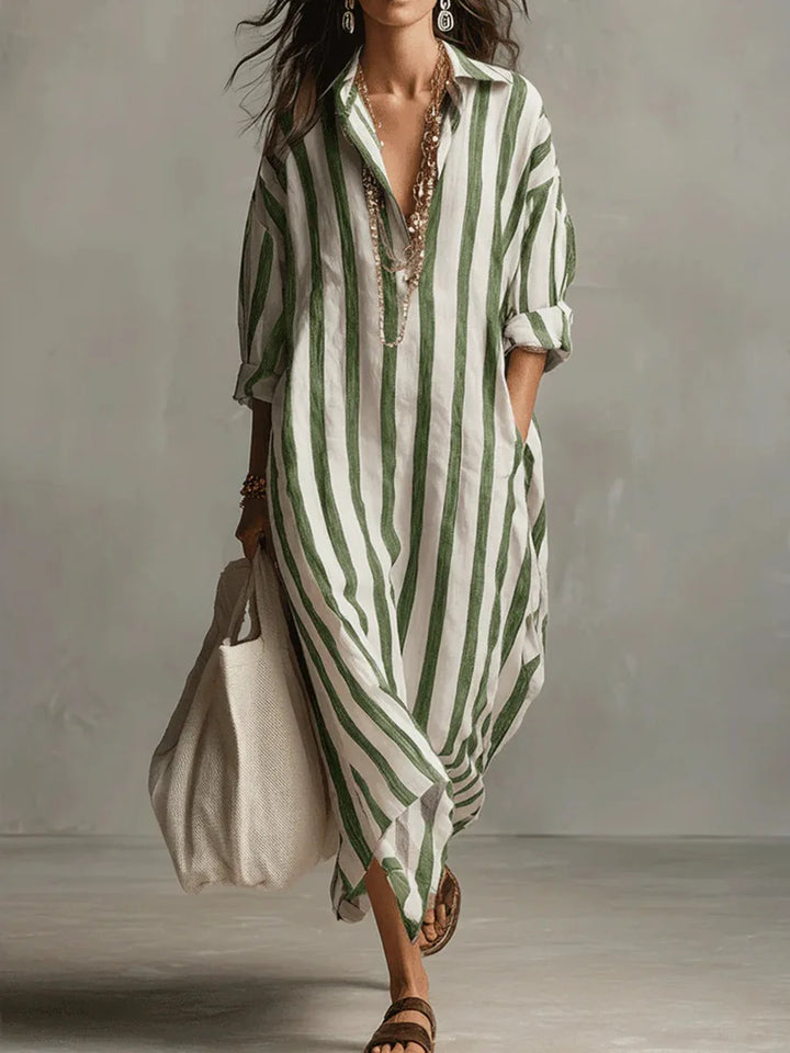 Women's long striped shirt dress with collar and rolled sleeves