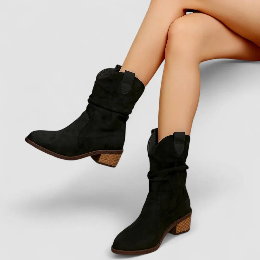 Women's slouch mid-calf boots with pointed toes and block heels