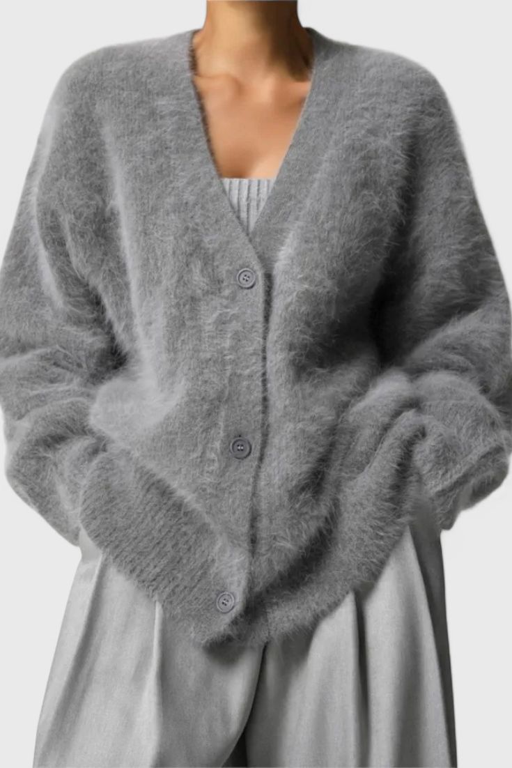 Women's relaxed fuzzy knit V-neck cardigan with buttons