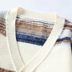 Striped men's V-neck cardigan with button front and long sleeves