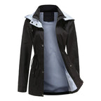 Women's hooded long-sleeved trench coat with zip front and pockets