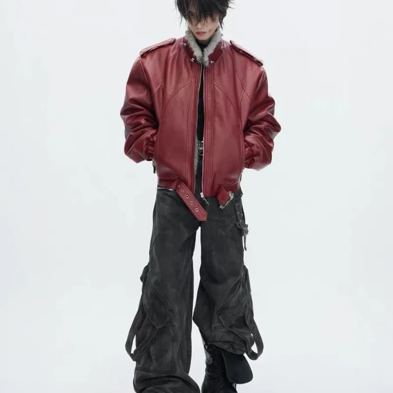 Men's Faux Leather Hooded Bomber Jacket