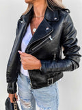 Women's cropped biker jacket with lapels, zips, studs and belted waist