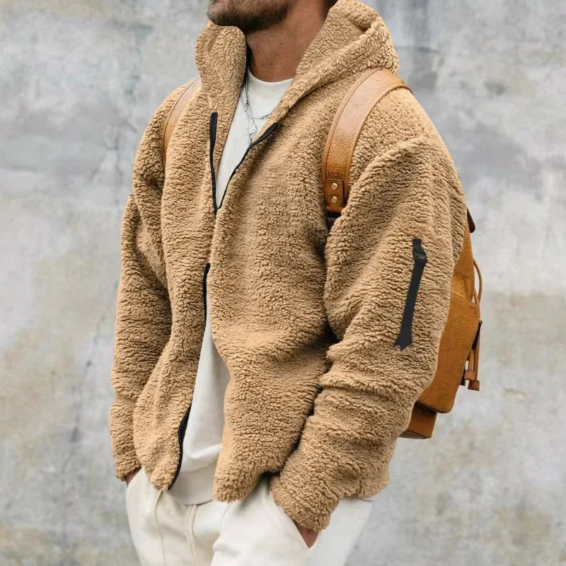 Men's textured hooded zip jacket with long sleeves and sleeve pocket