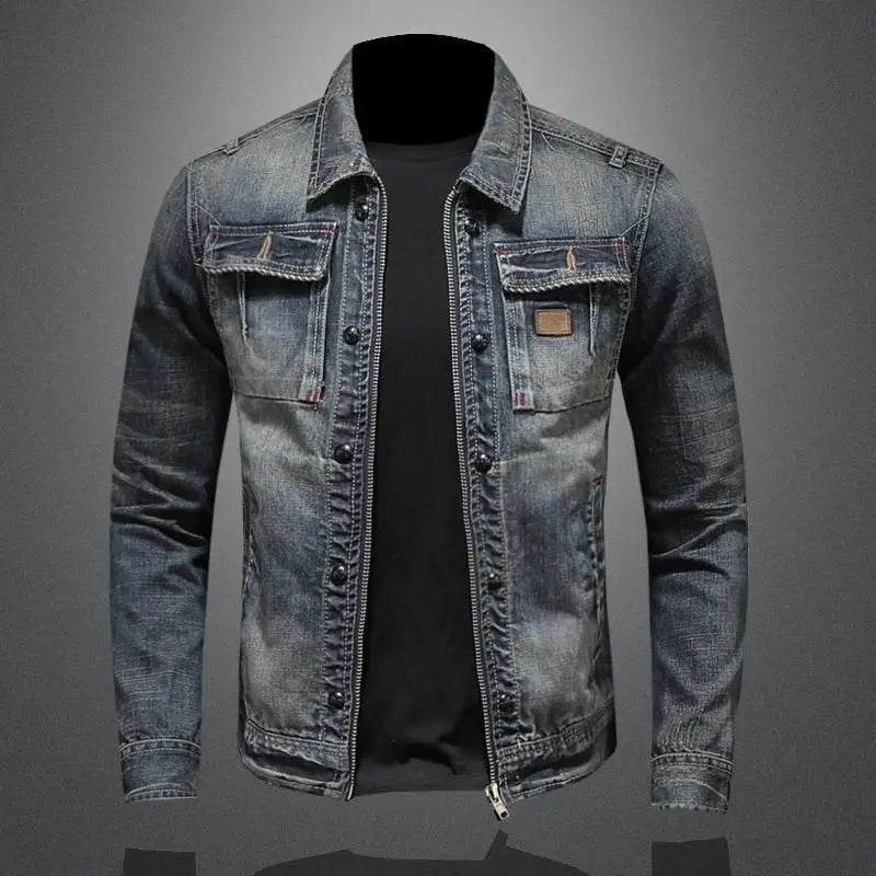 Men's faded blue denim jacket with long sleeves, zip front and chest pockets