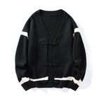 Men's striped V-neck cardigan sweater with long sleeves and tie closures