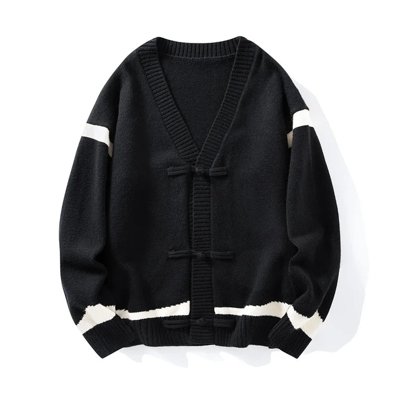Men's striped V-neck cardigan sweater with long sleeves and tie closures