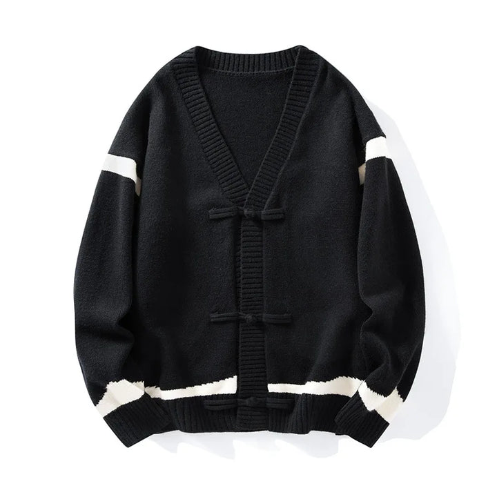 Men's striped V-neck cardigan sweater with long sleeves and tie closures