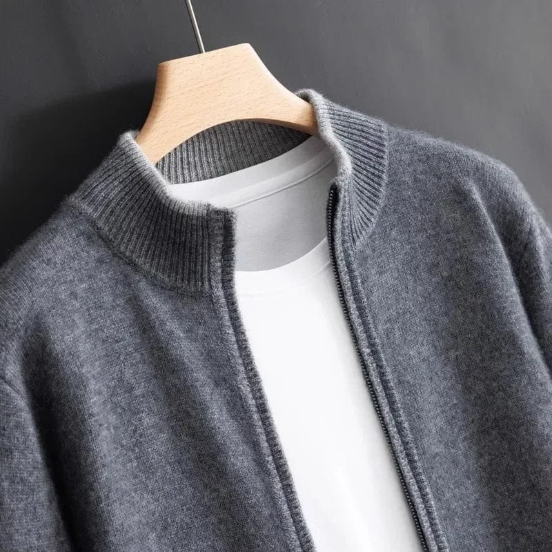 Men's mock neck zip cardigan with ribbed trim