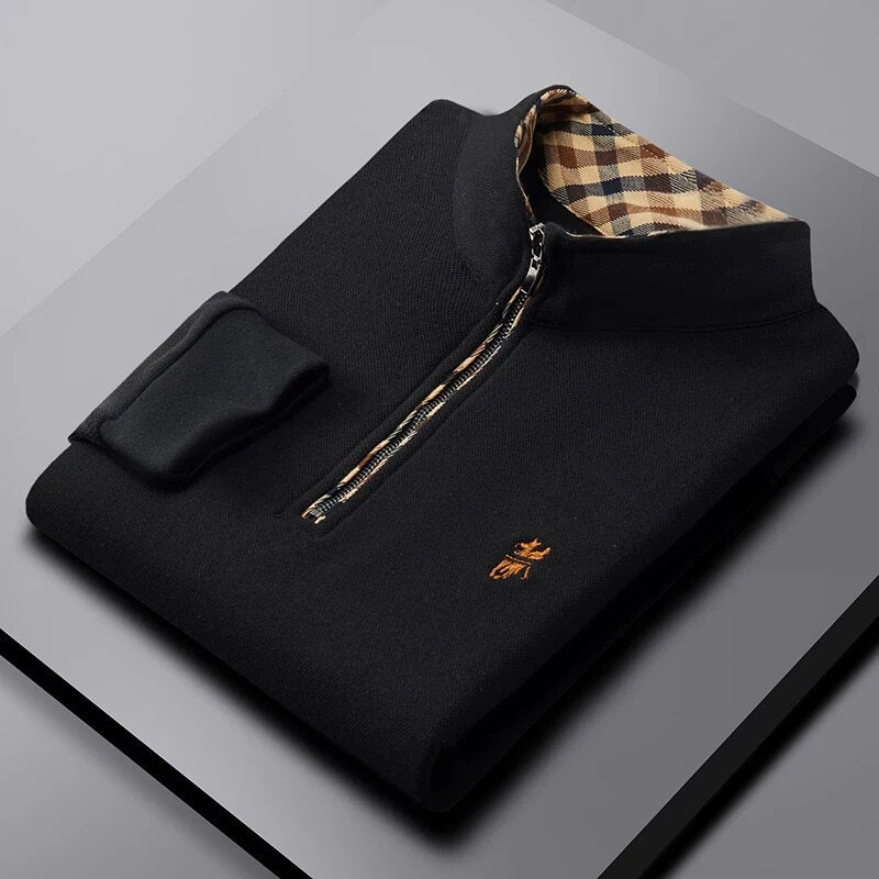 Men's quarter zip knit pullover with mock neck and checkered collar lining