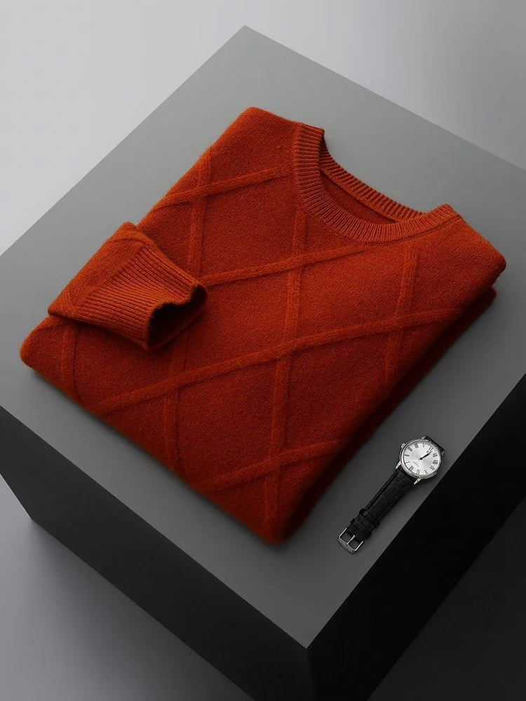 Long-sleeve diamond pattern crew neck sweater with ribbed trims