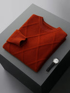 Long-sleeve diamond pattern crew neck sweater with ribbed trims