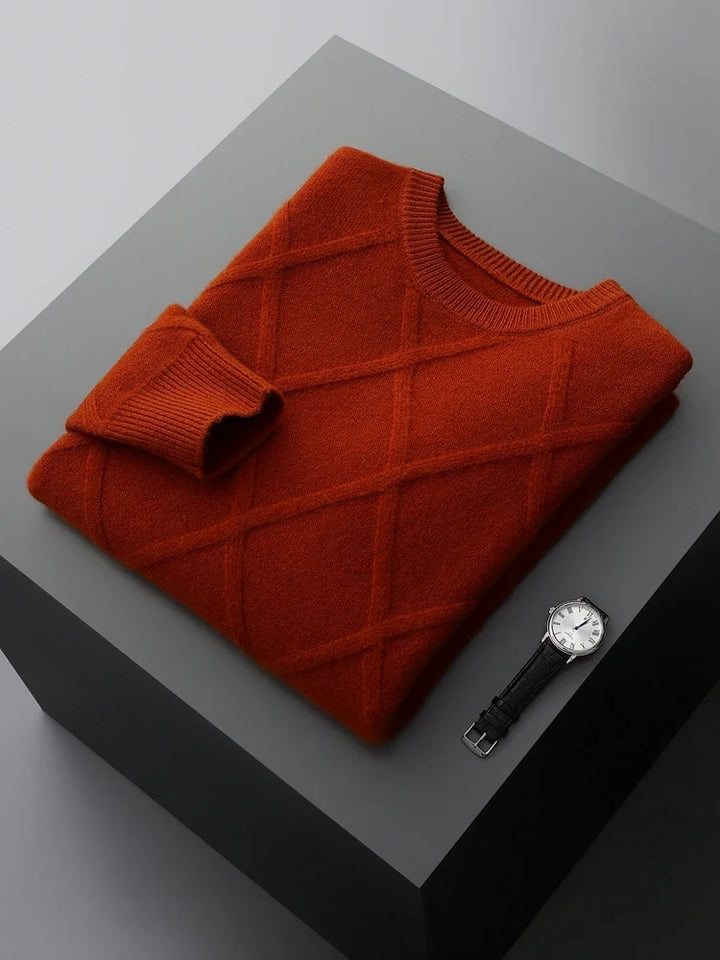 Long-sleeve diamond pattern crew neck sweater with ribbed trims