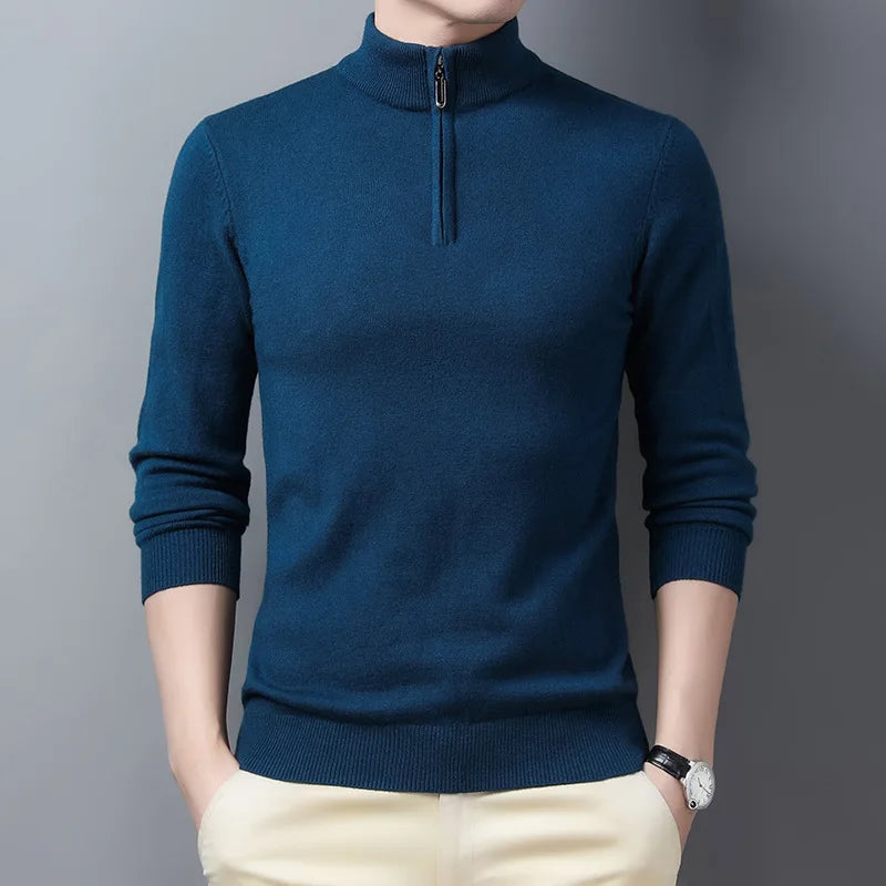 Men's half-zip mock neck jumper with long sleeves and ribbed trims