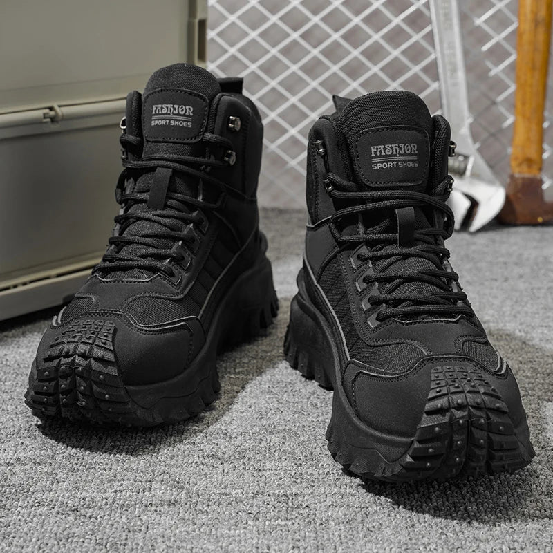 Men's high-top running shoes with lace-up fronts and lugged soles